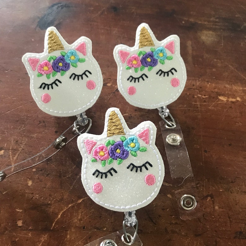 Unicorn Badge Reel Retractable ID Holder Unicorn Floral Badge Reel ID Badge Holder Work Badge Reel Swivel Pinch Clip Badge Holder