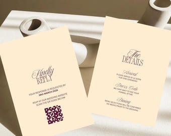 Plantilla de invitación de confirmación de asistencia para bodas, color crema y baya, invitación elegante (descarga instantánea)
