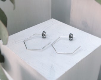 Hexagon earrings, geometric jewelry, minimalist earrings, Valentine's Day, silver earrings, gift under 10, modern, lightweight jewelry