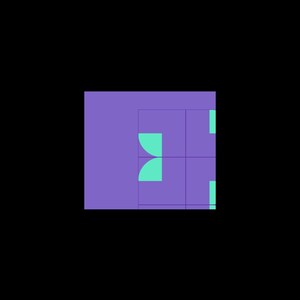 Op de afbeelding: Abstract geometrisch ontwerp. Een paars vierkant is verdeeld in vier secties, met turquoise vormen, waaronder halve cirkels en rechthoeken, tegen een effen zwarte achtergrond.