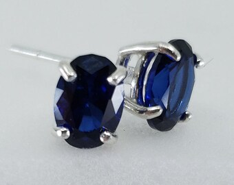 3.20 Ct Oval 8x6mm Blue Simulated Sapphire 925 Sterling Silver Stud Earrings 