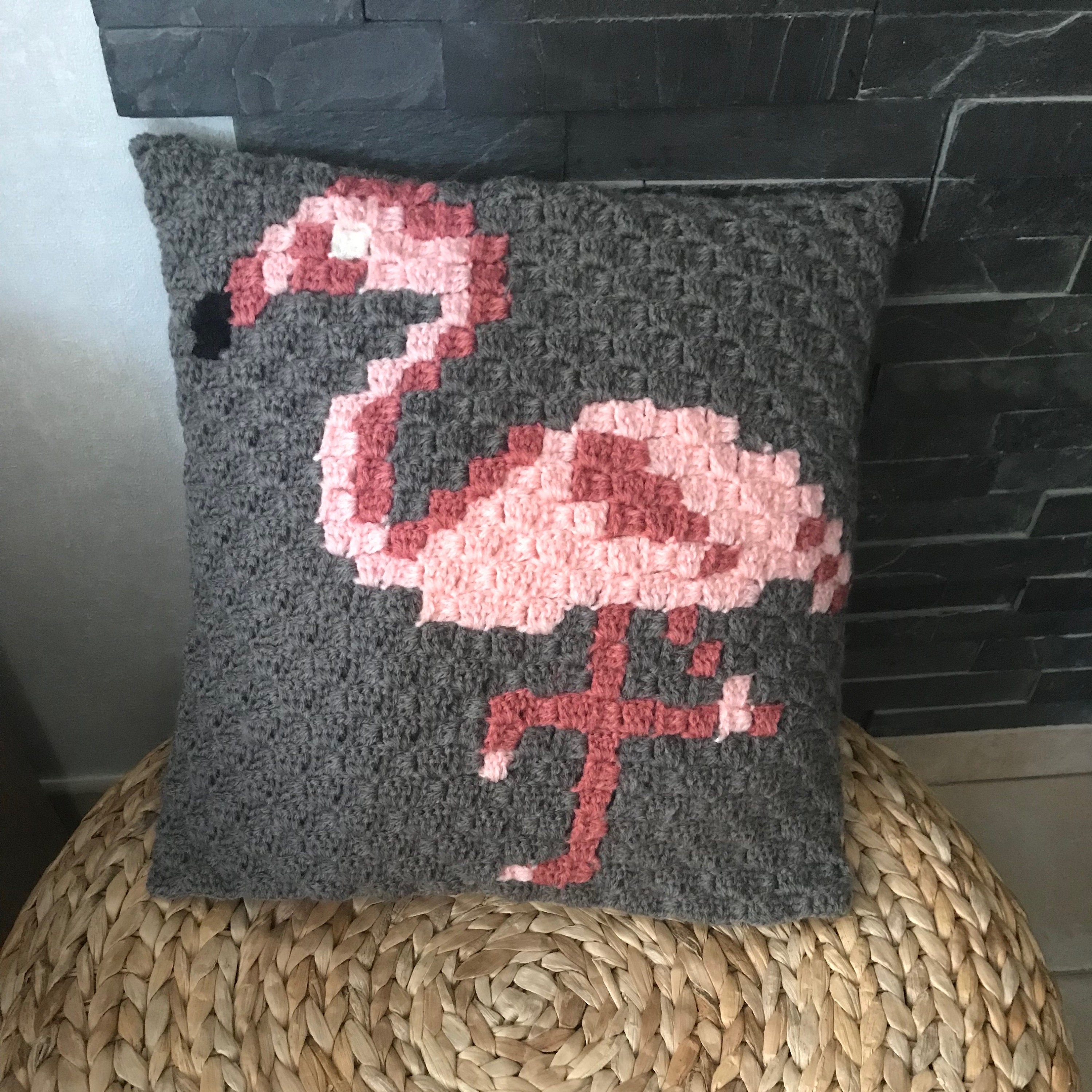 Housse de Coussin Au Crochet Motif Flamant Rose C2C