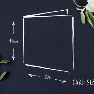 May include: A white outline of a card on a dark blue background with the text "CARD SIZE" and measurements of 15cm by 15cm.
