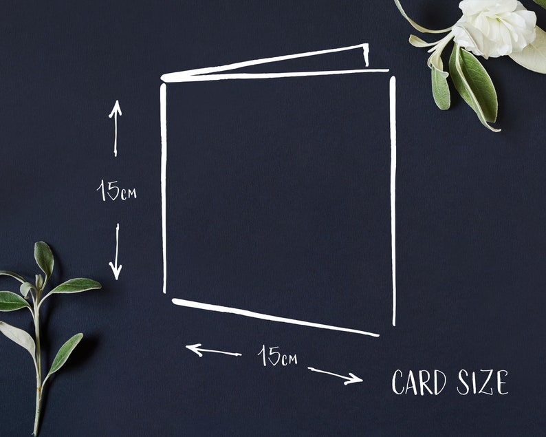May include: A white outline of a card on a dark blue background with the text "CARD SIZE" and measurements of 15cm by 15cm.