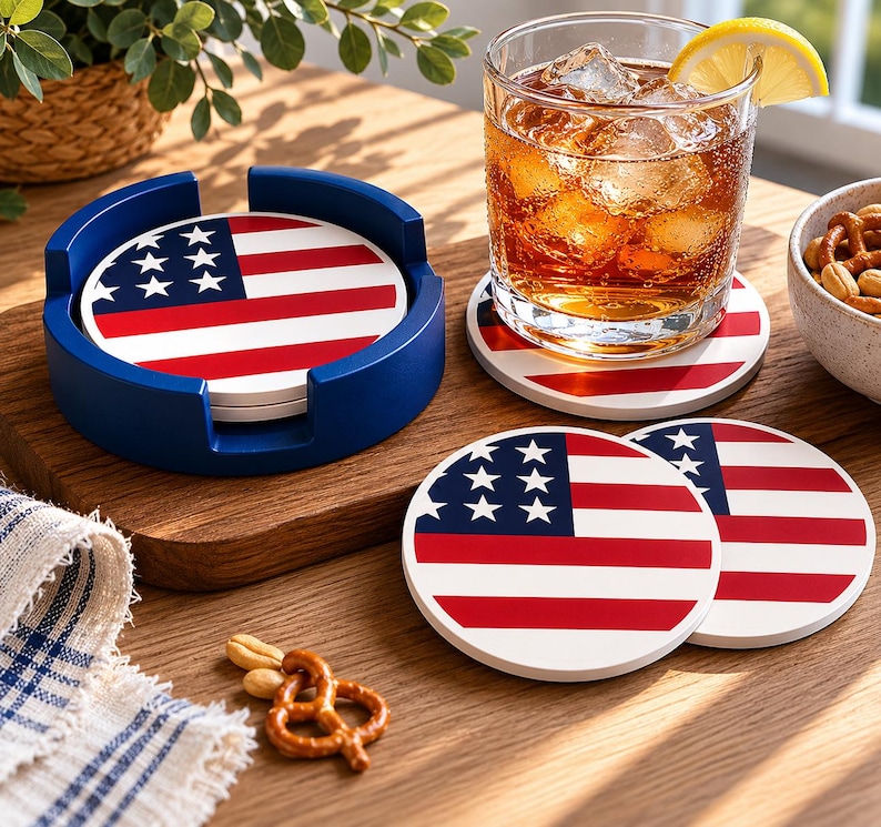 May include: A set of drink coasters featuring the American flag design. The coasters have a white base with red and white stripes and a blue field with white stars. A blue coaster holder is also included.