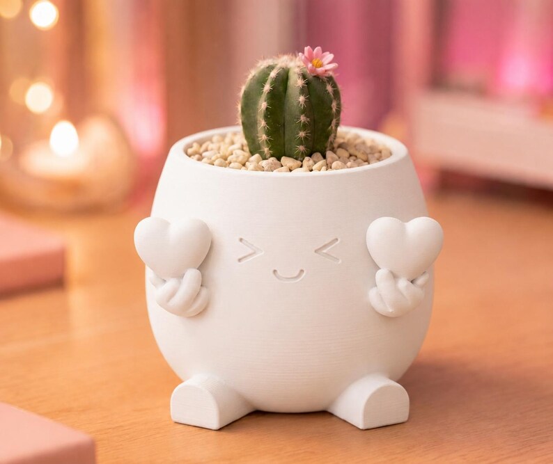 May include: A white ceramic planter with a smiling face and heart-shaped hands, holding a small cactus with a pink flower. The planter is filled with small pebbles and sits on a wooden surface.