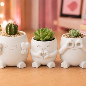 May include: Three white ceramic planters with smiling faces and small feet. One holds a cactus with a pink flower, another a green succulent, and the third a small succulent. The planters have arms that form hearts and the 'okay' symbol.