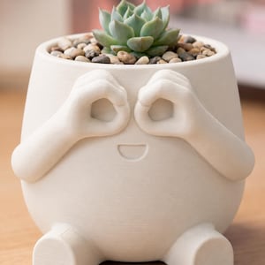 May include: A whimsical off-white ceramic planter with a smiling face design. The planter features arms forming eye-like circles and small feet. It is filled with small pebbles and a green succulent plant.