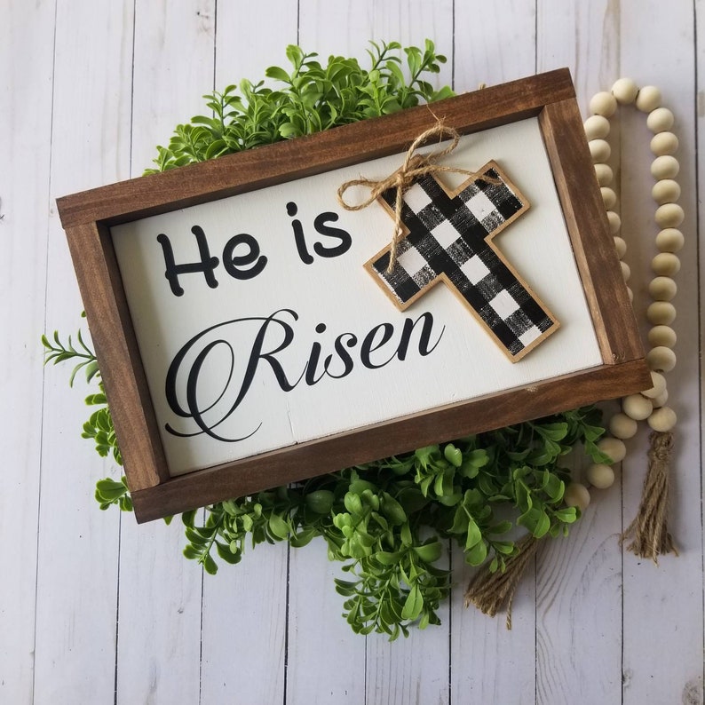 He is Risen Wood Sign Spring Decor Easter Decor Plaid Etsy