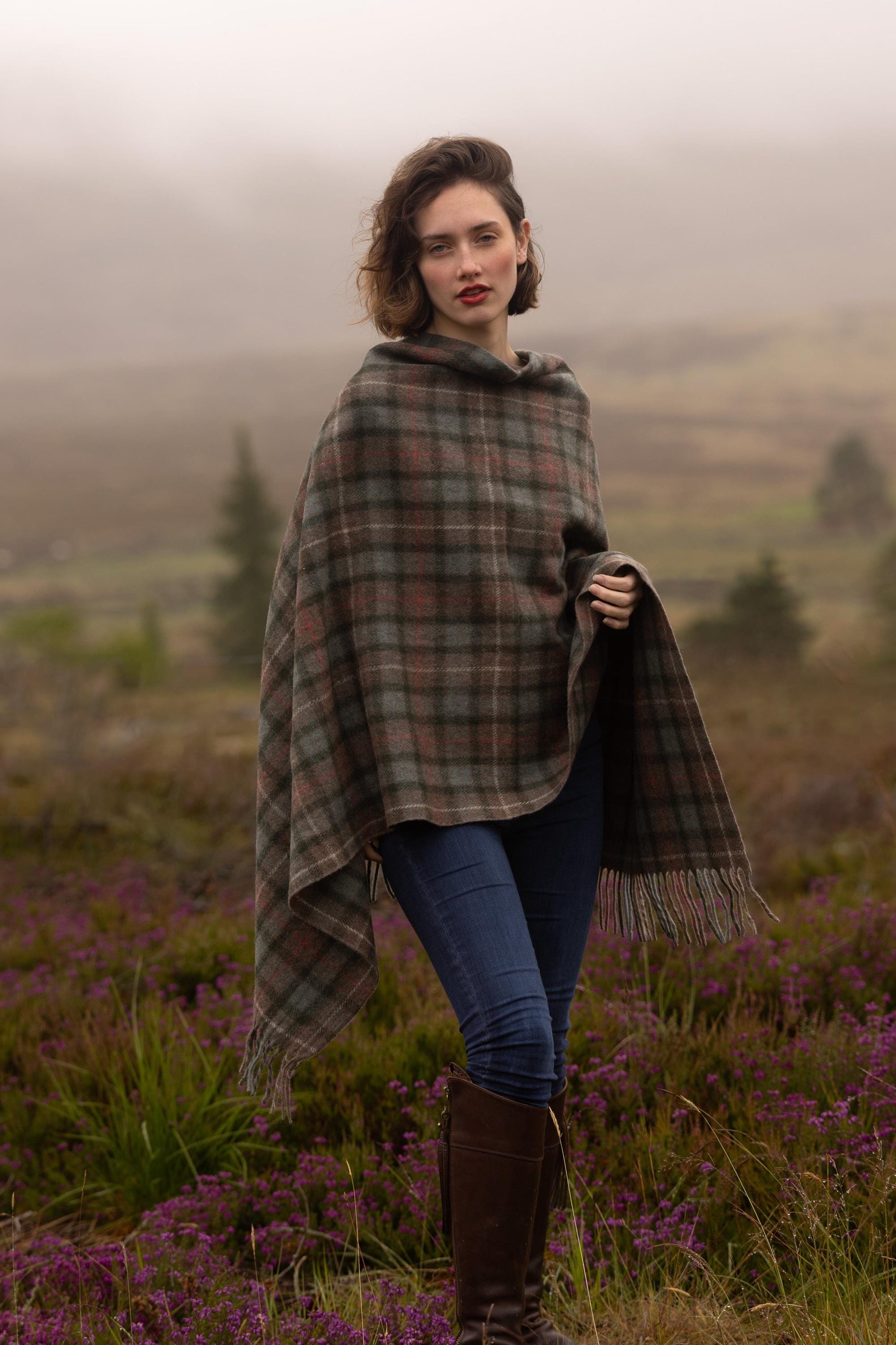 Poncho Jacke Kariert Damen GrÃ¼n Hoher Kragen Poncho Tartan
