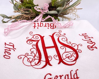 Personalisierte Oster-Weihdecke mit IHS Stickerei – 50x50 cm Baumwolle – Fleischweihe Tuch mit Name – bestickte Osterdecke Geschenk
