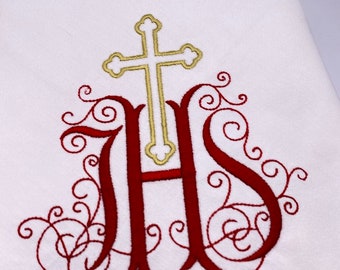 Weihkorbdecke Ostern mit IHS und Kreuz, Weihdecke Fleischweihe 50x50 cm, bestickte Osterdecke Baumwolle, Sofortkauf ohne Personalisierung