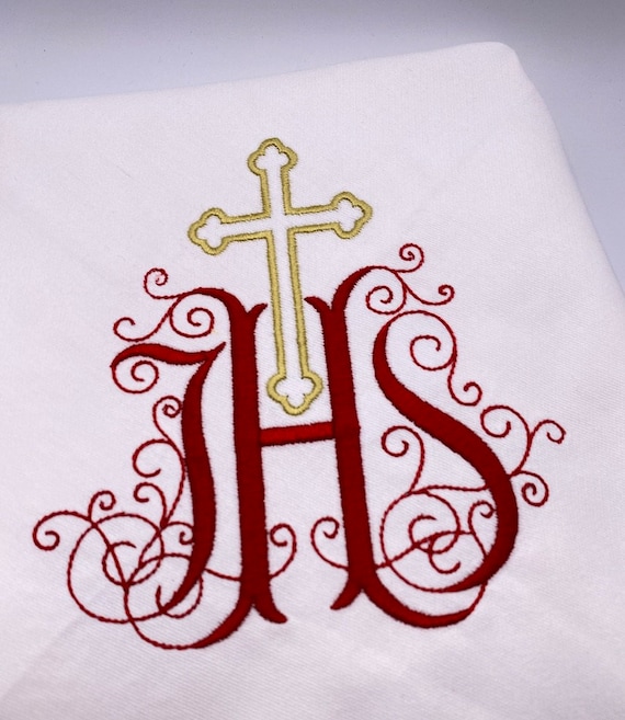 Weihkorbdecke Ostern mit IHS und Kreuz, Weihdecke Fleischweihe 50x50 cm, bestickte Osterdecke Baumwolle, Sofortkauf ohne Personalisierung