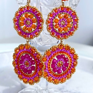 Earrings hand-threaded, boho style, gold with pink and orange, Indian summer