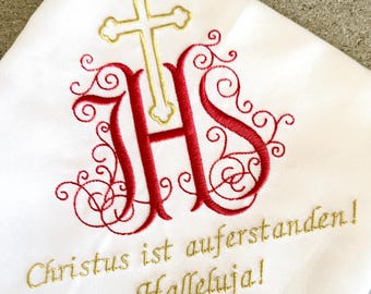 Weihdecke mit IHS Stickerei | Christus ist auferstanden Halleluja | Weihkorbdecke für Fleischweihe | Ostern