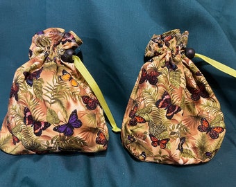 2 small butterfly fabric drawstring bags , small butterflies fabric storage bags , 2 small gift bags