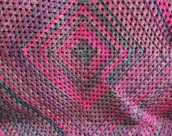 Chunky Pink Grey granny square  crochet throw blanket with beige blue and grey , Grey and pink crochet throw