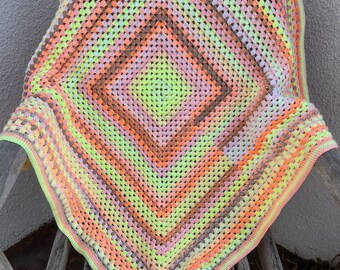 Bright yellow orange brown colourful crochet granny square blanket , sunshine crochet blanket