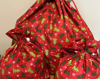 Large Christmas drawstring bag with 2 smaller ones , set of 3 Christmas bags, bundle of 3 Christmas bags , 3 matching Christmas bags