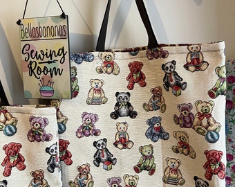 Teddy bears on a tote bag , colourful teddy bag, Bear tote bag, bear project bag