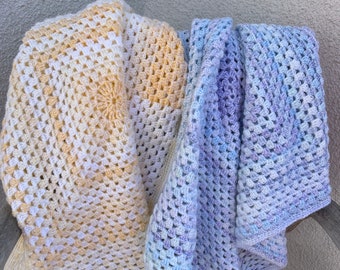 Pale Blue shades crochet granny square blanket , yellow white granny square blanket , pet blanket , toddler , small granny crochet blanket