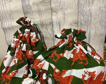 Welsh dragon flag drawstring bag , Welsh dragon cotton bag , Welsh dragon cotton reusable gift bag