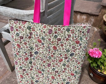 Floral tapestry bag , floral tote bag, long handle floral bag / handmade project bag / book bag