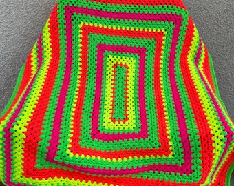 Bright neon granny rectangle , crochet blanket 31 x 38 inches  , neon yellow, neon strawberry , neon green, lap blanket , baby blanket