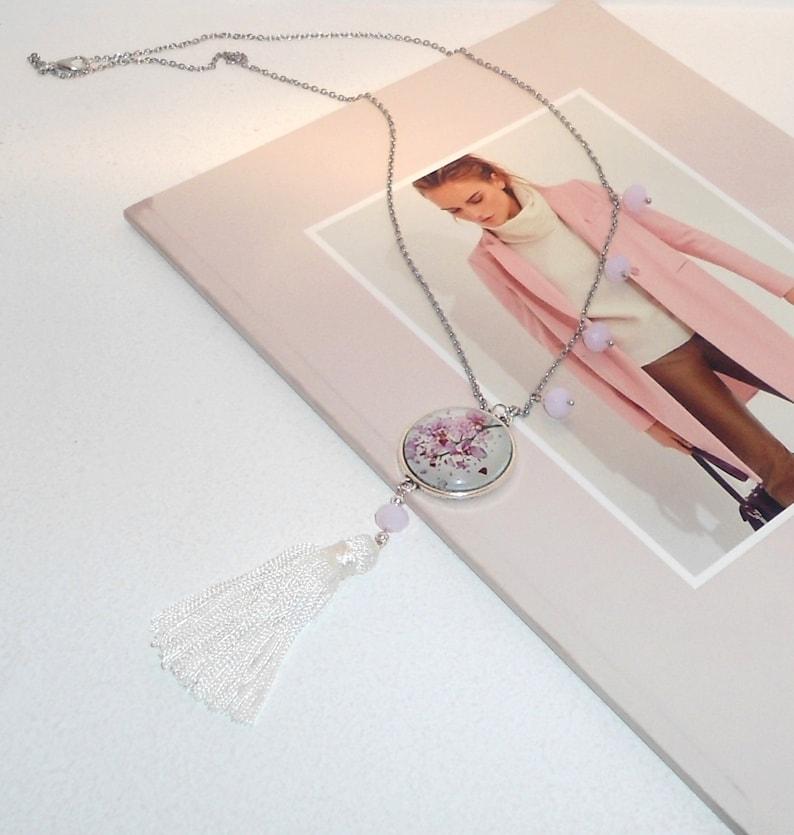 Pink Jade Necklace Fuchsia Orchid Necklace White Tassel Necklace Tassel Necklace Pendant Necklace,Long Necklace. Necklace with Cabochon