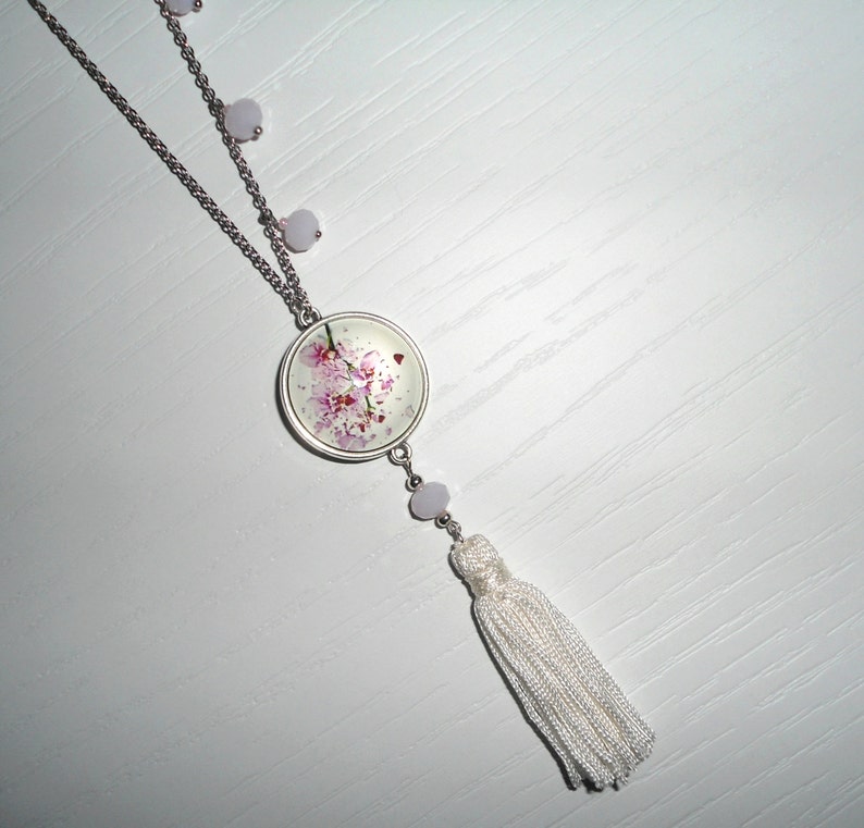 Pink Jade Necklace Fuchsia Orchid Necklace White Tassel Necklace Tassel Necklace Pendant Necklace,Long Necklace. Necklace with Cabochon