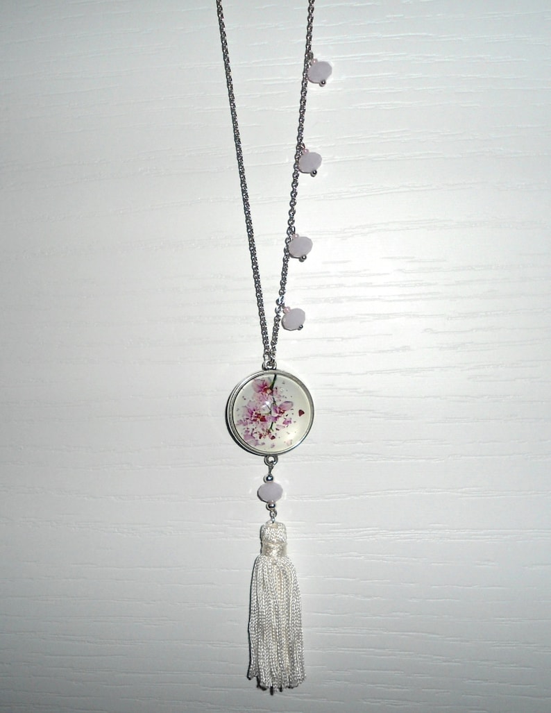 Pink Jade Necklace Fuchsia Orchid Necklace White Tassel Necklace Tassel Necklace Pendant Necklace,Long Necklace. Necklace with Cabochon