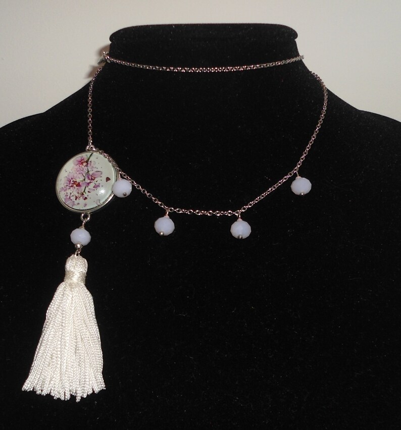 Pink Jade Necklace Fuchsia Orchid Necklace White Tassel Necklace Tassel Necklace Pendant Necklace,Long Necklace. Necklace with Cabochon