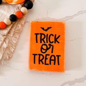 Trick or Treat Halloween Sign – Mini Tiered Tray Decor – Small Fall Wood Sign – Spooky Shelf Sitter – 4.5x5 Orange Sign for Halloween