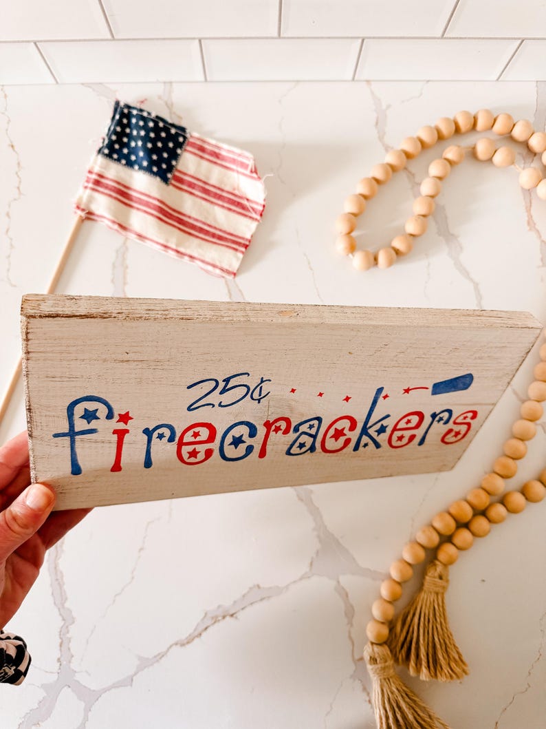 Patriotic Firecracker Wood Sign | Hand Painted 4th of July Shelf Decor ...