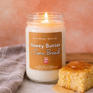 Bougie de boulangerie, pain de maïs au beurre et au miel, mèche de bois