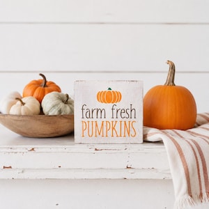 May include: A rectangular white wooden sign with distressed edges featuring an orange pumpkin illustration and the text farm fresh PUMPKINS in brown and orange. A wooden bowl filled with small orange and white pumpkins sits to the left.