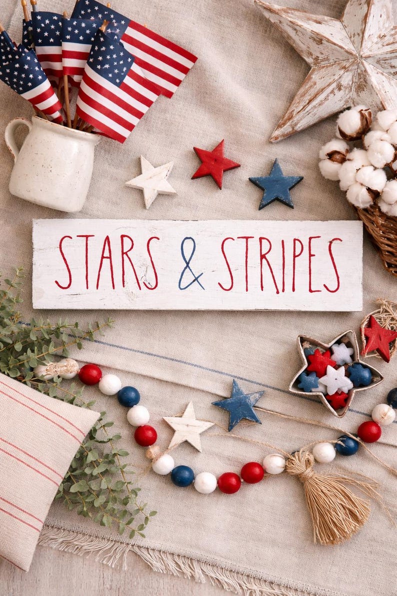 Puede incluir: Un letrero rectangular de madera blanca con el texto STARS & STRIPES en rojo y azul, acompa&ntilde;ado de peque&ntilde;as banderas estadounidenses en una jarra blanca, estrellas de madera rojas y azules, un cuenco en forma de estrella y una guirnalda de cuentas.