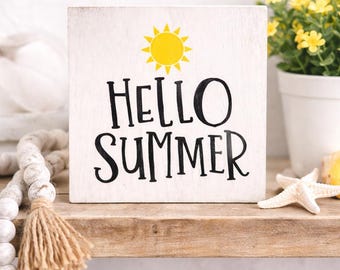 Hello Summer Sign | Tiered Tray Decor | Small Wood Summer Shelf Sign