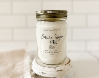 Brown Sugar + Fig, Soy Wax Candle, 12oz Mason Jar Candles, Wooden Wick Candle