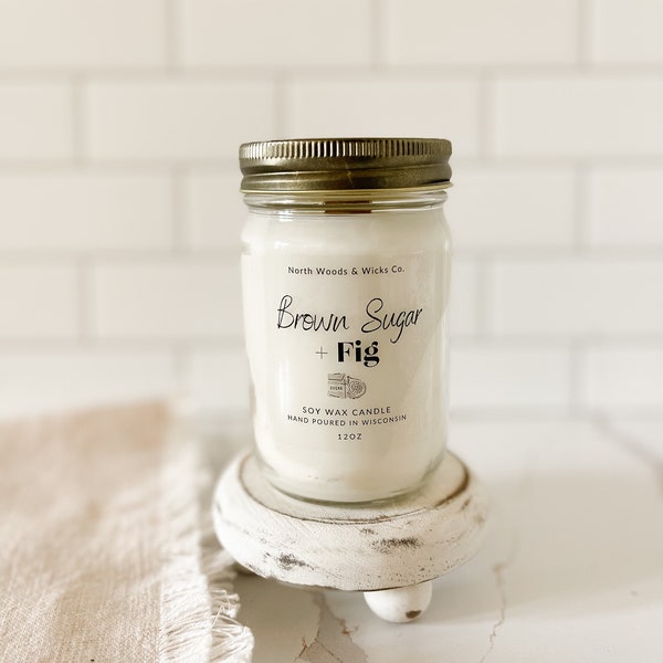 Brown Sugar + Fig, Soy Wax Candle, 12oz Mason Jar Candles, Wooden Wick Candle