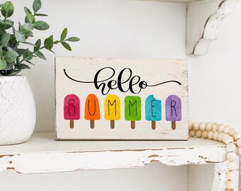 Hello Summer Popsicle Sign | Summer Door Decor | Shelf Sitter Wood Sign