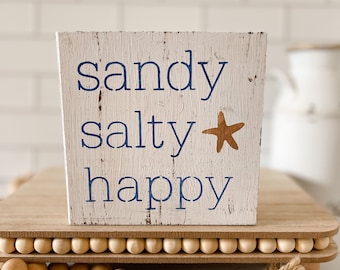 Beach Tiered Tray, Beach Wood Sign, Sandy Salty Happy, Summer Home Decor