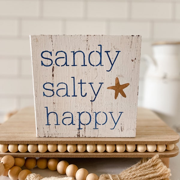 Beach Tiered Tray, Beach Wood Sign, Sandy Salty Happy, Summer Home Decor