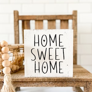 Home Sweet Home Sign – Small Rustic Wood Sign for Tiered Trays, Housewarming Gift, Farmhouse Shelf Decor, Handmade Mini Sign