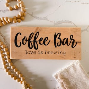 Coffee Bar Sign, Rustic Farmhouse Coffee Station Decor, “Love Is Brewing” Wooden Kitchen Sign