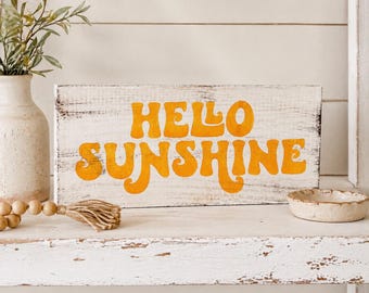 Hello Sunshine Sign | Summer Shelf Decor | Yellow Wood Sign