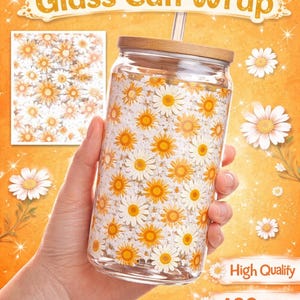 Adesivo per lattina in vetro con motivo a margherita, download di un motivo ripetuto senza soluzione di continuità per lattina o bicchiere in vetro da 16 oz, design per sublimazione, download digitale floreale per barattolo in vetro