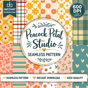 Puede incluir: Una colección de patrones sin costuras con diseños florales y geométricos en varios colores, incluyendo amarillo, naranja, rosa y verde. La imagen presenta el texto "Peacock Petal Studio" y "Seamless Pattern", junto con las etiquetas "Instant Download" y "High Quality".