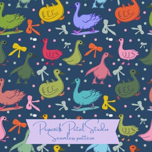 May include: Seamless pattern featuring colorful geese, bows, and polka dots on a navy blue background. The geese are in various colors, including green, yellow, pink, and blue. The text "Peacock Petal Studio seamless pattern" is also visible.