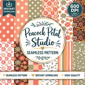 May include: A collection of seamless patterns in various designs and colors, including polka dots, floral, and striped patterns. The patterns are in shades of peach, brown, and green. The image includes the text "Peacock Petal Studio" and "Seamless Pattern."